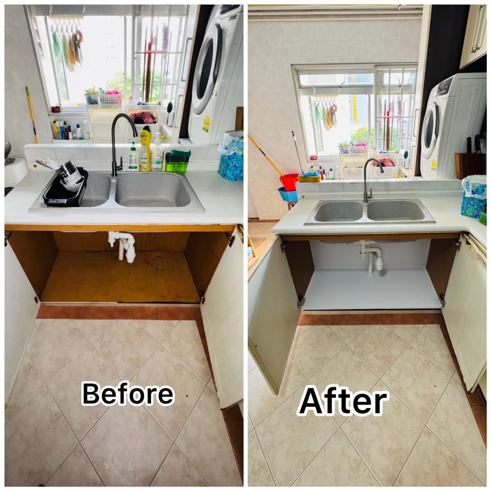 Kitchen Sink Cabinet Interior Refurbishment & Base Board Replacement Service in Singapore | Singaporen SG
